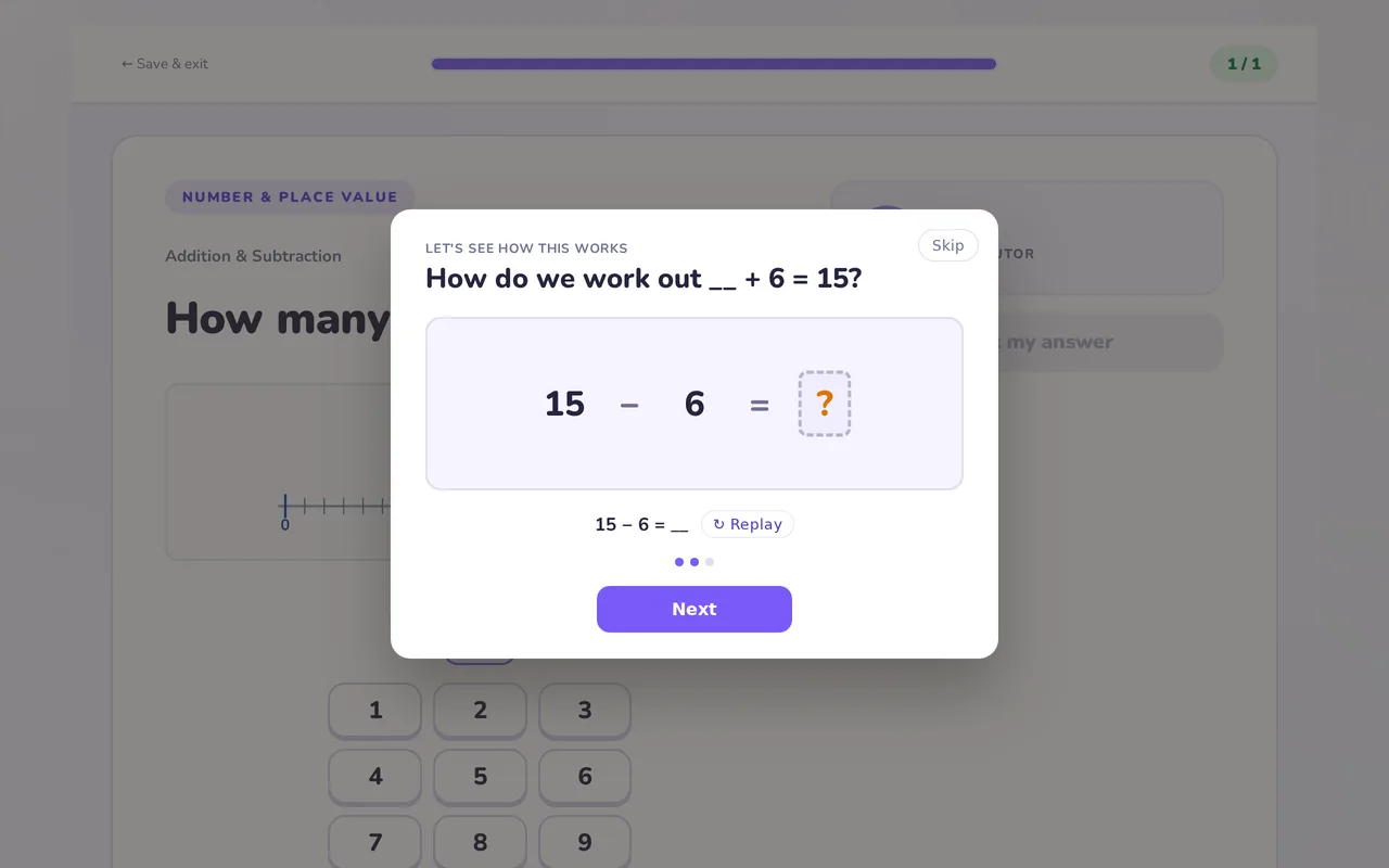 A maths app showing a step-by-step worked example panel, with a step card and progress dots marking how far through the explanation the child is.