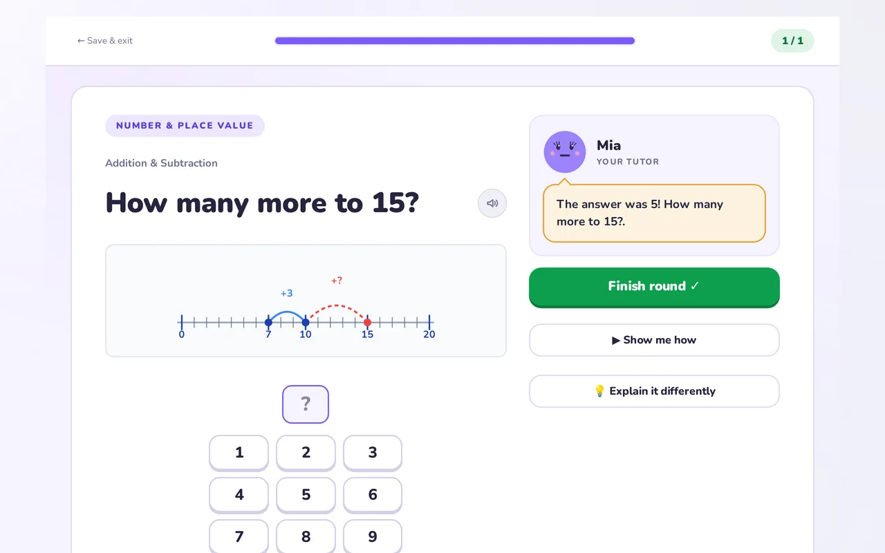 A question after a wrong answer, showing a gentle correction with buttons offering a worked example or a different explanation.