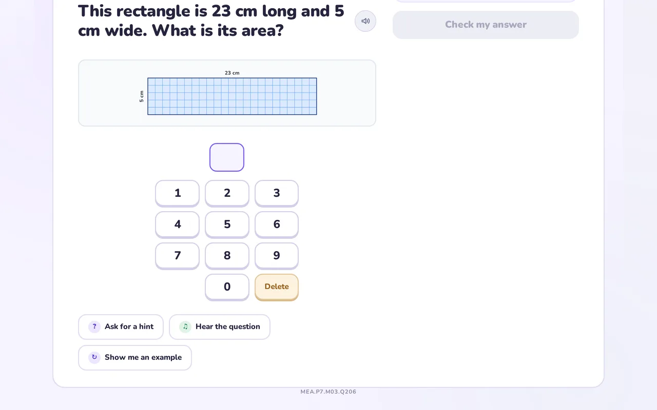 A Year 5 maths question showing a rectangle 23 cm long and 5 cm wide drawn on squared paper, asking for its area.