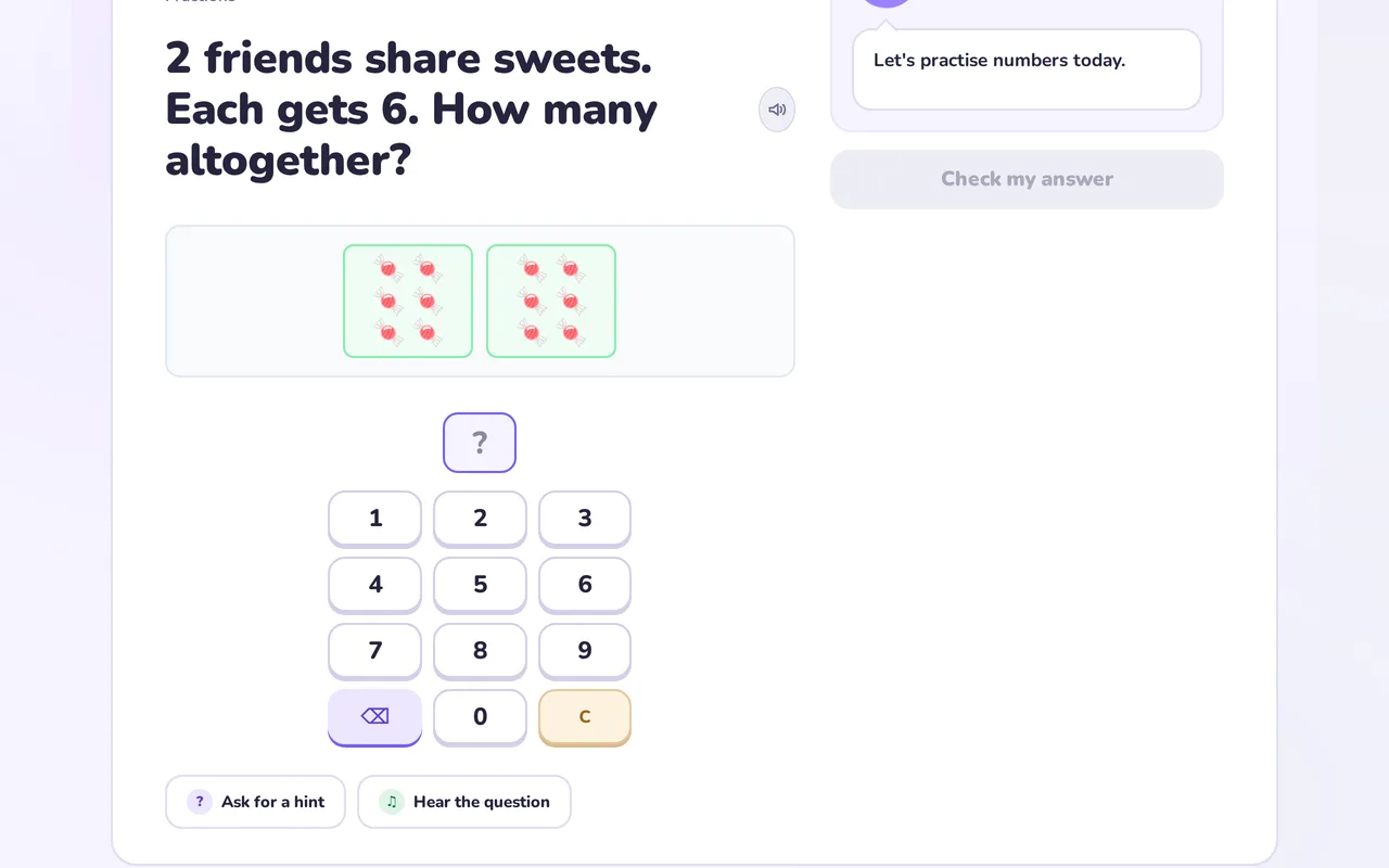 A group of counters shared out into equal groups on a maths practice screen.