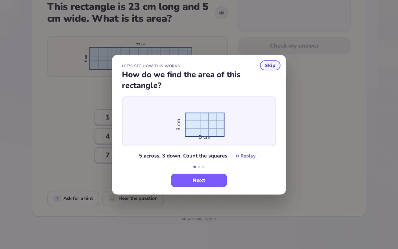 A worked example opening on a smaller rectangle, five squares across and three squares down.