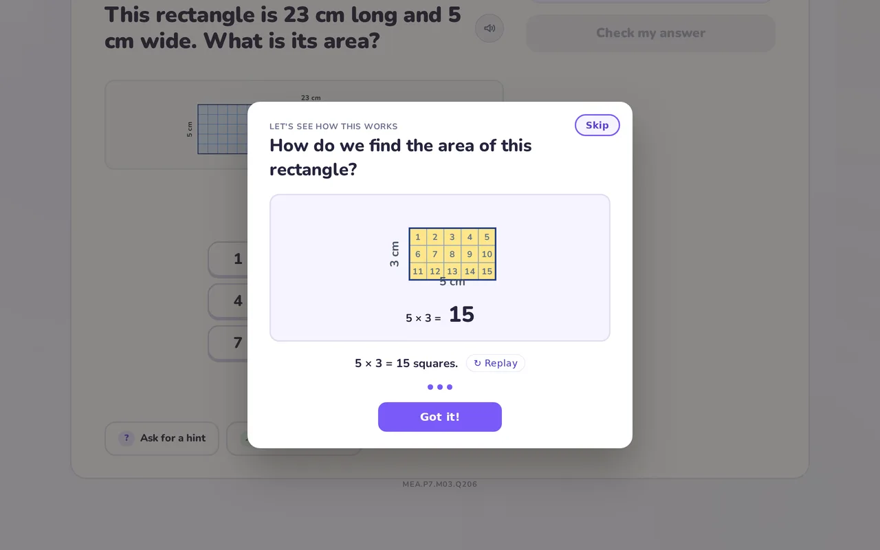 The final step of a worked example, with all fifteen squares numbered and the calculation 5 times 3 equals 15 below the shape.