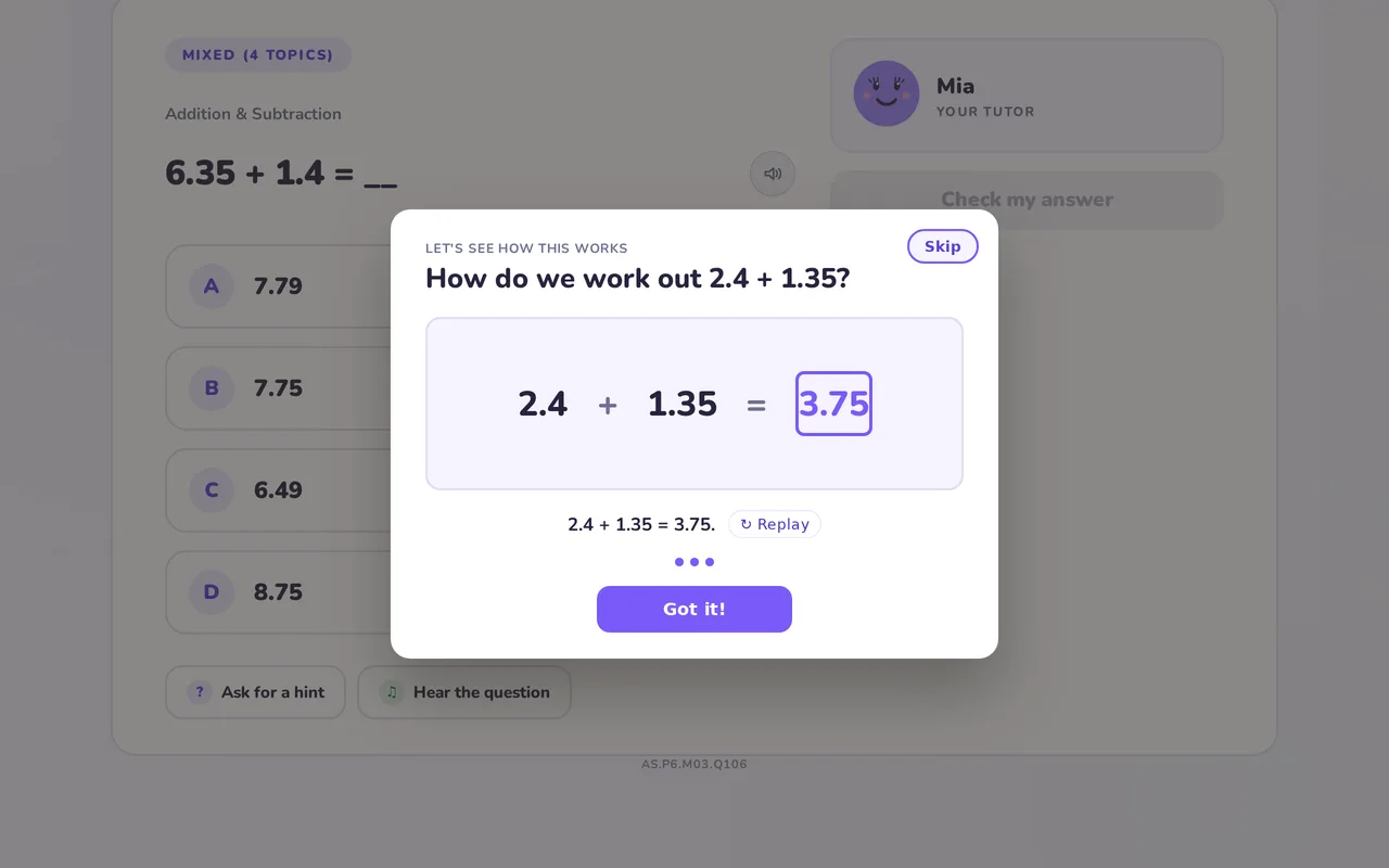The final step of a worked example, showing the completed decimal addition and a Got it button.