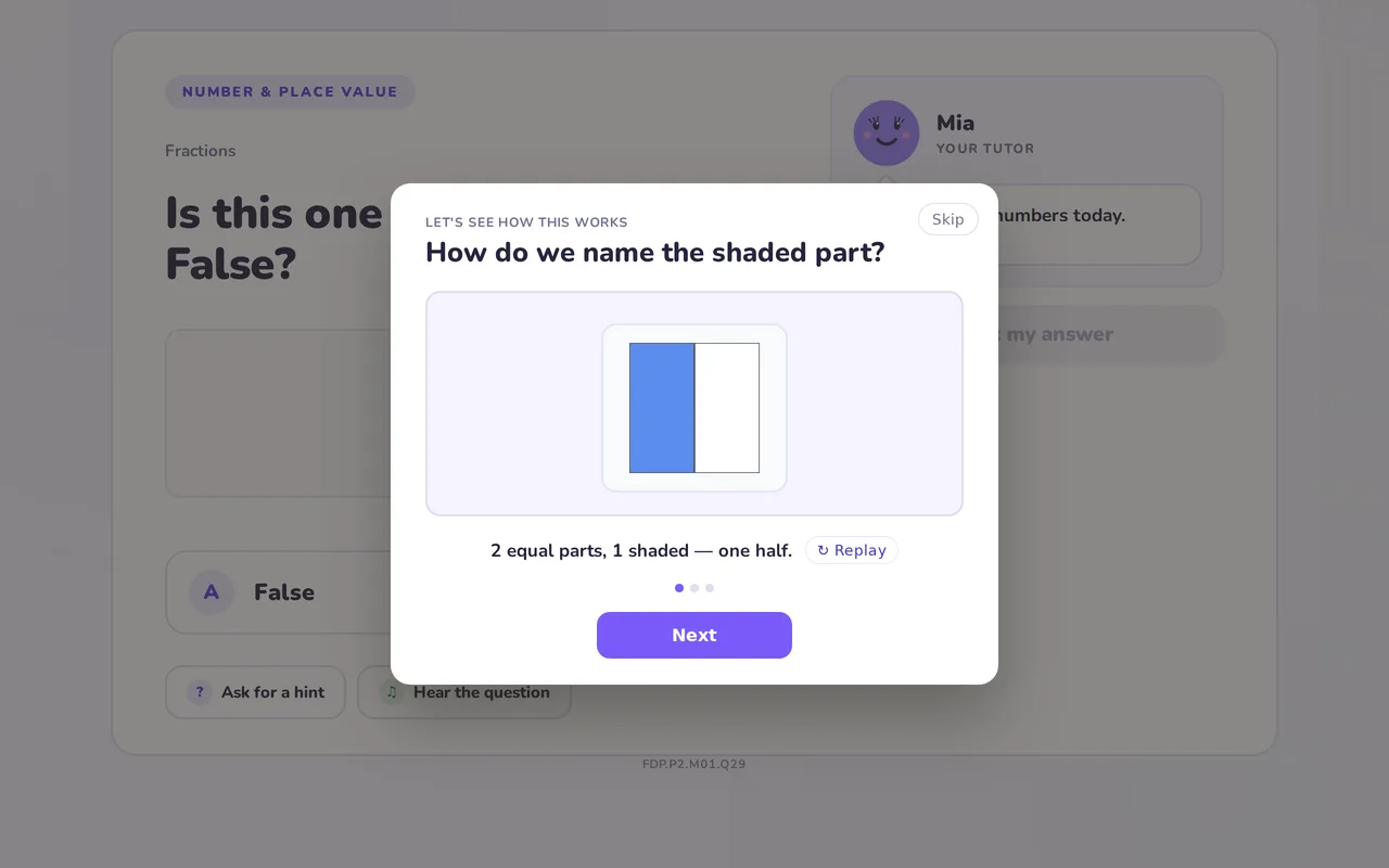 A maths app worked example showing a rectangle split into two equal parts with one part shaded, labelled “2 equal parts, 1 shaded — one half”.
